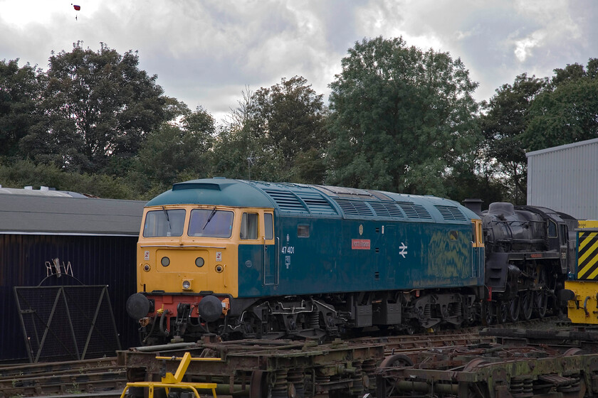 47401 & 73050, stabled, Wansford Yard 
 Having finished its operational duties for the moment 47401 'North Eastern' rests in Wansford Yard. It has been stabled in front of BR Standard 73050 'City of Peterborough'. 
 Keywords: 47401 73050 Wansford Yard North Eastern City of Peterborough.