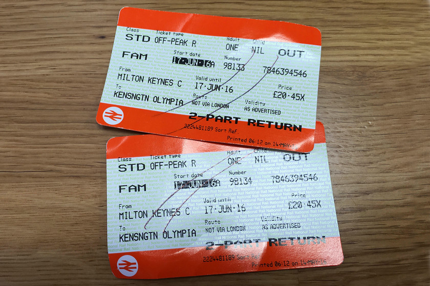 Tickets, Milton Keynes Central-Kensington Olympia (NB, my son s got eaten by the ticket machine!) 
 Two of the three tickets that were used for the return journey from Milton Keynes to Kensington Olympia. Not a bad price for a a return trip. Note that it states that the route is 'not via London'. I know what they mean but if Kensington is not London then I don't know where is!