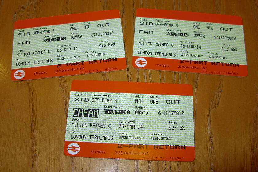 Tickets, Milton Keynes-London Euston 
 Our outward tickets from Milton Keynes to Euston are pretty good value at just 15 for all three of us. This was travelling with Virgin there and back. 
 Keywords: Tickets Milton Keynes-London Euston