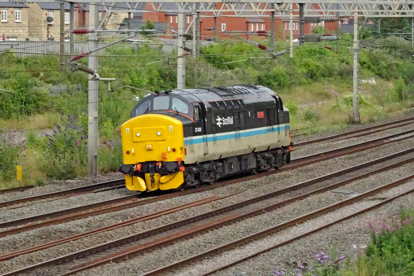 37409, 16.20 Southall LSL-Crewe HS (0Z44, 15L), site of Roade station 
 Having seen 37409 'Loch Awe' earlier in the day leading a former HST buffet car to Southall, the light engine is seen returning north pas the site of Roade's former station. Running as 0Z44 the 16.20 Southall LSL to Crewe HS arrived some fifteen minutes adrift despite passing Roade a little early. 
 Keywords: 37409 16.20 Southall LSL-Crewe HS 0Z44 site of Roade station Loch Awe