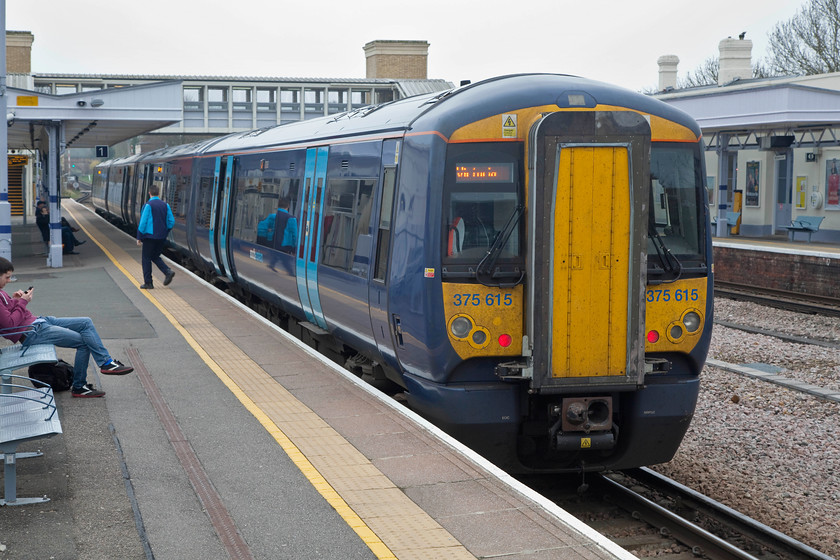 375615, SE 14.06 Canterbury West-London Victoria (2A44, RT), Canterbury West station 
 Southeastern 365615 waits at Canterbury West station working the 2A44 to Victoria. Notice in the background another of the vast new footbridges installed at the cost of 540 000 in 2010. The station has also had a pretty substantial refurbishment. 
 Keywords: 375615 2A44 Canterbury West station