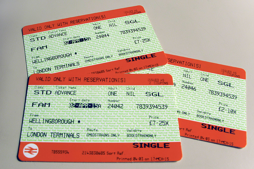 Tickets, Wellingborough-London St 
 East Midlands Trains are usually pretty expensive when it comes to making the sixty-five-mile journey to London. However, on this occasion, the outward fare is not too expensive at just under 17 for the three of us. It would have been cheaper, and less bother for us, going via the WCML route but bustitution due to engineering works did not appeal! 
 Keywords: Tickets Wellingborough-London St. Pancras