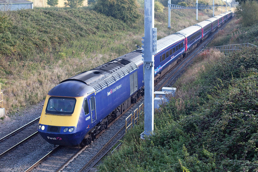 43159 & 43015, GW 10.15 London Paddington-Swansea (1B22), Baulking 
 43159 leads 43015 as it passes Baulking between Didcot and Swindon working the 10.15 Paddington to Swansea service. This spot used to be spoilt by a large colour light gantry, whilst that has now been removed, it has been replaced by a ghastly electrification mast! 
 Keywords: 43159 43015 10.15 London Paddington-Swansea 1B22 Baulking