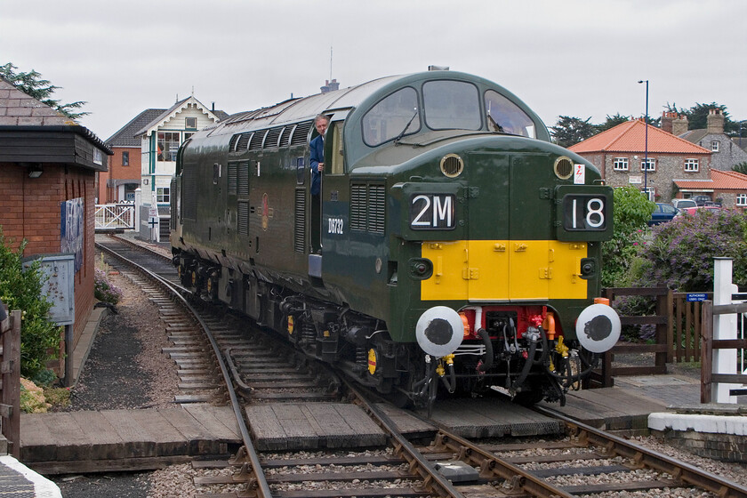 D6732, running round, Sheringham station 
 Having been un-hooked from its stock, D6732 (formally 37032) eases back along the adjacent platform at Sheringham in order to head back to Weybourne for overnight servicing. The stock it brought in from Holt will stay at the station and be used on tomorrow morning's first train of the day. 
 Keywords: Type 3 Class 37 37032 D6732 running round Sheringham