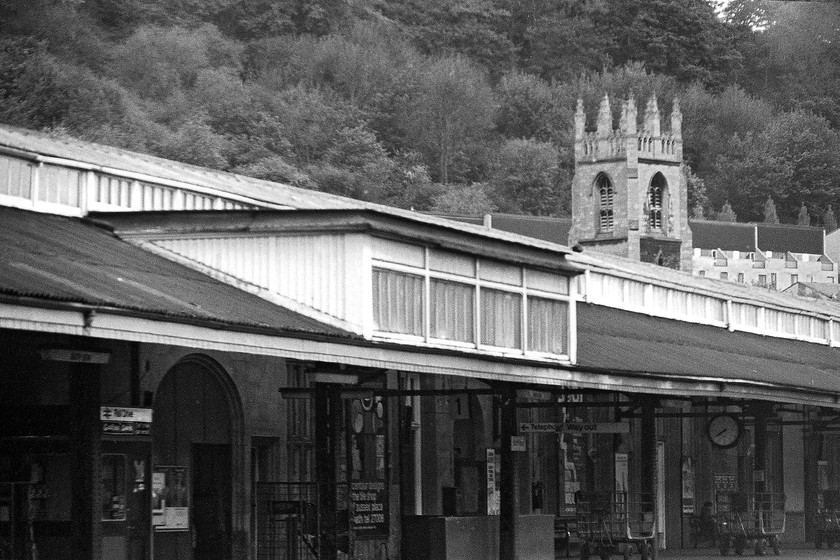 Base of former signal box, Bath Spa station 
 This unusual structure sitting on top of the canopy of Bath Spa's down platform is the remains of the base of the Bath's old mechanical signal box. It was an extraordinary structure that sat very high above the station providing commanding views in both directions for the signalmen. The box was closed in January 1968 when MAS was introduced on this section of the GWML. 
 Keywords: Base of former signal box Bath Spa station