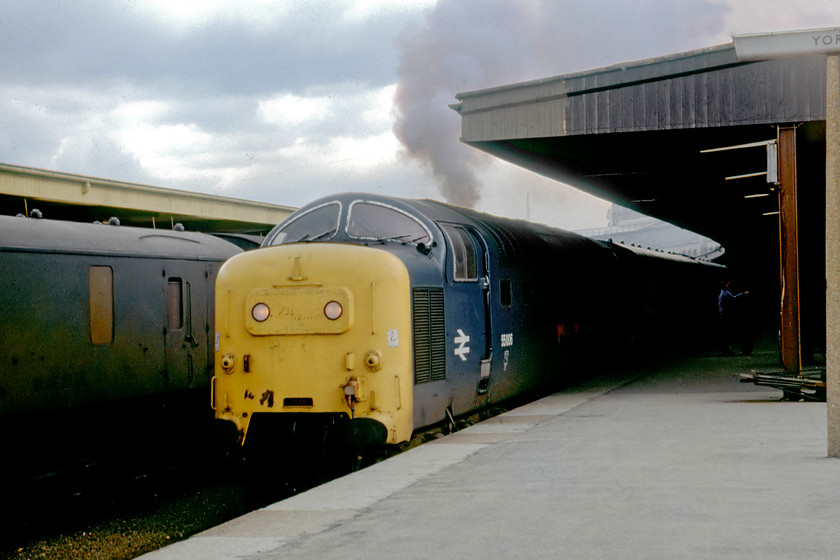 55006, 16.13 York-London King`s Cross (1A26), York station 
 Having dashed back round from the depot gave me a second chance to capture 55006 'The Fife and Forfar Yeomanry' this time making a typically smokey departure from York station with the 16.13 to King's Cross. Looking at the exhaust, it could well have been working on one engine, a common occurrence. 55006's final working was The Night Scotsman on 04.02.81. On arrival at Edinburgh, it ran to Haymarket where a classified repair was required but not authorised. It was moved to Doncaster and cut up during the summer of 1981. 
 Keywords: 55006 16.13 York-London King`s Cross 1A26 York station