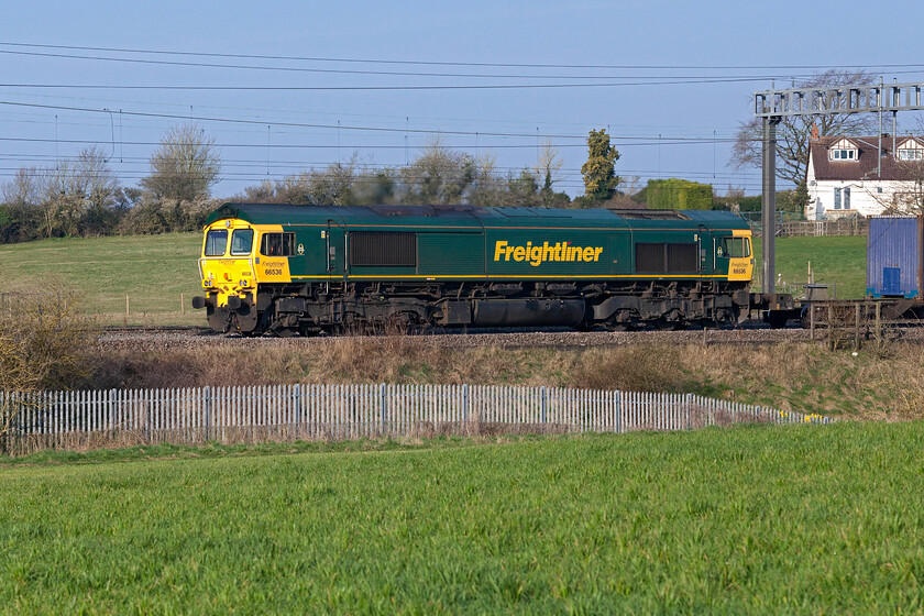 66536, 03.25 Garston-London Gateway (4L52, 4L), between Roade & Ashton 
 The daily 4L52 03.25 Garston to London Gateway Freightliner passes between Roade and Ashton led by 66536 on a stunning early spring morning. This particular Class 66 is not one of my most frequently photographed examples and it this is the first time that I've recorded it hauling the 4L52. 
 Keywords: 66536 03.25 Garston-London Gateway 4L52 between Roade & Ashton Freightliner