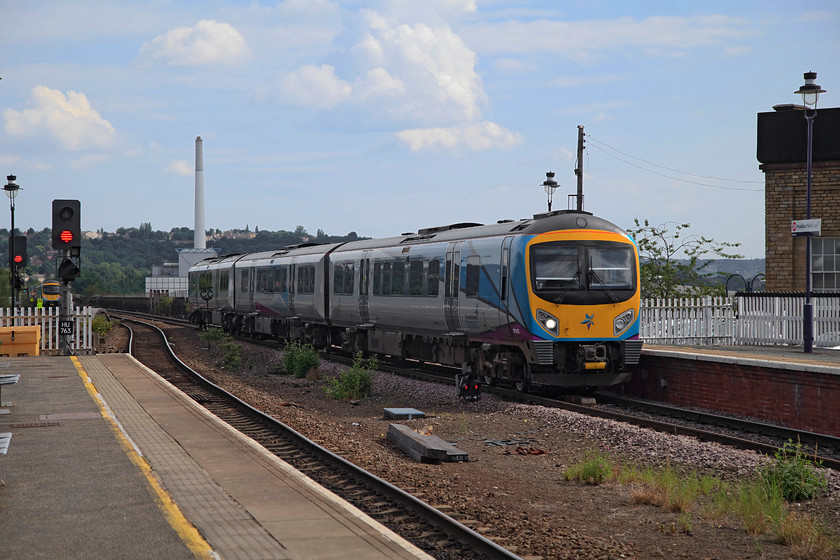 185123, TP 08.27 Middlesborough-Manchester Airport (1P23, 3L), Huddersfield station 
 185123 draws into Huddersfield station working the 08.27 Middlesborough to Manchester Airport service. There is credible talk that these eleven year old units, that are just undergoing refurbishment, have an uncertain future. 
 Keywords: 185123 1P23 Huddersfield station