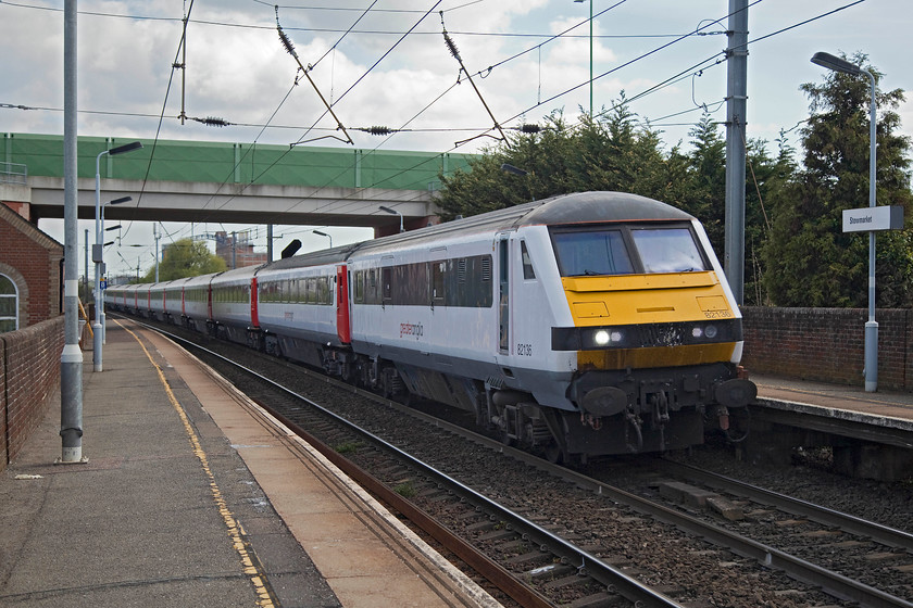 82136, GA 14.00 London LiverpoolStreet-Norwich (1P04, 1L), Stowmarket station 
 DVT 82136 leads the 14.00 Liverpool Street to Norwich into Stowmarket. GA operate a half hourly service on this linewith a journey time of about an hour and three quarters. There are plans to introduce new EMUs that will oust the loco hauled Mk. III trains that Anglia are promoting as "Norwich in 90". They are due for introduction in 2019. 
 Keywords: 82136 1P04 Stowmarket station