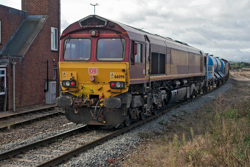 66098 & 66116, 08.50 Westbury-St. Blazey (3J13, RT), Westbury station 
 As it is the start of the autumn 2021 RHTT season 66098 still looks relatively clean and I was also able to see that 66116 leading at the front was in a similar state. The RHTT operations seem to have got going a little early this year with the leaves not showing any determined attempt to let go from the branches just yet! The two 66s are working the 08.50 Westbury to St. Blazey train that I believe operates as 3J13 (unless anybody else can inform me otherwise) 
 Keywords: 66098 66116, 08.50 Westbury-St. Blazey 3J13 Westbury station RHTT