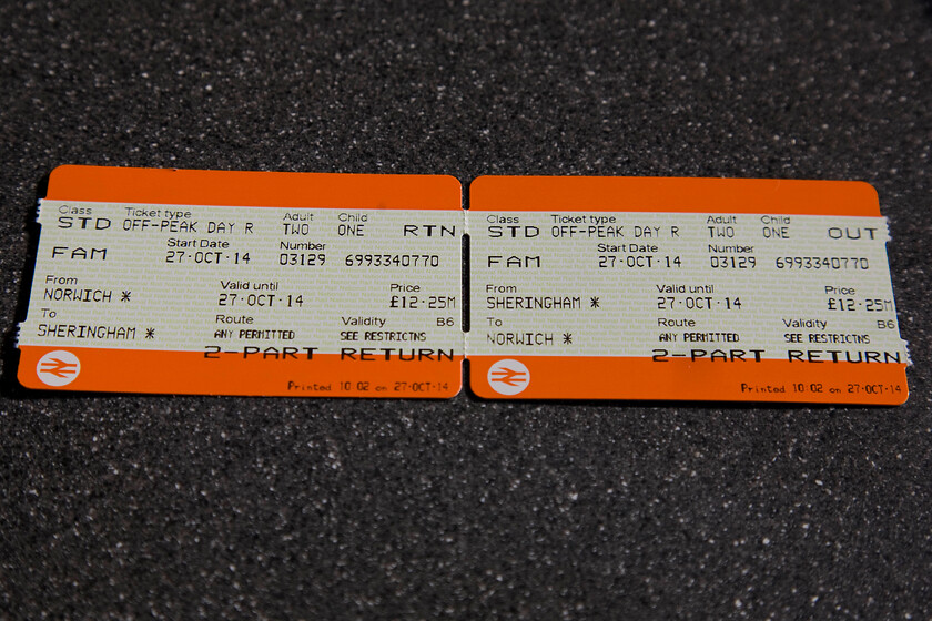 Tickets, Sheringham-Norwich-Sheringham 
 The off-peak family return tickets that we bought on the train are good value at just 12.25 (just over 6 each way) for the three of us. We could not have driven to Norwich and parked up for the day for that price and would not have enjoyed a pleasant train journey into the bargain! 
 Keywords: Tickets Sheringham-Norwich-Sheringham