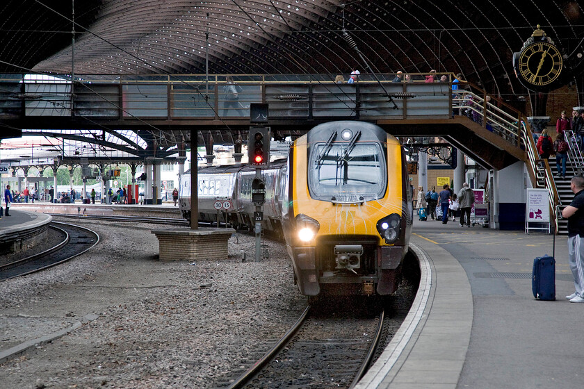 220025, XC 11.35 Newcastle-Southampton Central, (1O88), York station 
 The first of our trains home arrives at York station. With just four carriages 220025 is essentially just a fancy DMU so I hope that the seat reservation system is working ensuring that my family have a seat for our journey to Sheffield. The CrossCountry service was the 1088 11.135 Newcastle to Southampton. Notice that the driver is choosing his arrival at York to demonstrate his windscreen washing technique! 
 Keywords: 220025 11.35 Newcastle-Southampton Central 1O88 York station