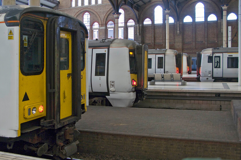 Various units, London Liverpool Street station 
 No fewer than six trains are visible in this scene at Liverpool Street. Not surprisingly, I do not have any details of their numbers and workings especially as it was a clandestine image as I was under the suspicious gaze of staff not at all keen on having myself and others on the platform in order to see the arrival and departure of The Essex Coast Express charter. 
 Keywords: Various units London Liverpool Street station