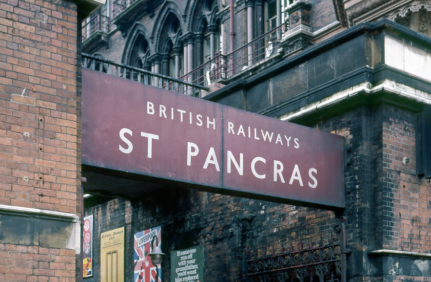 Enamel, St. Pancras station 
 Passengers crossing from King's Cross or simply accessing St. Pancras from the Pancras Road entrance back in the early 1980s were greeted by this fine London Midland enamel across the steps. I often wonder whatever happened to these fine and very large signs, were they simply unceremoniously ripped down and crushed or safely removed and now in the custodianship of a proud owner? On the reverse side of this enamel was different wording that can be seen in the next photograph of this sequence. Notice the advertisements by the side of the steps, the second one up is for the 1981 Benson and Hedges cricket cup a number of matches of which were held at the nearby Lord's in St. John's Wood. Incidentally, Northamptonshire won the 1981 cup by a nail-biting six runs against Essex on 19th and 21st July. 
 Keywords: Enamel St. Pancras station