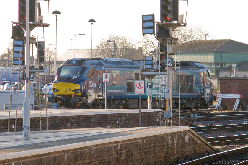 68004, stabled, Derby station 
 Taken from the platform end at Derby station, 68004 'Rapid' is seen stabled. A bit of a grab shot as I had alighted from the train I was travelling on from Wellingborough to Sheffield and did not want the doors to close behind me, bring back slam-door stock I say! 
 Keywords: 68004 Derby station