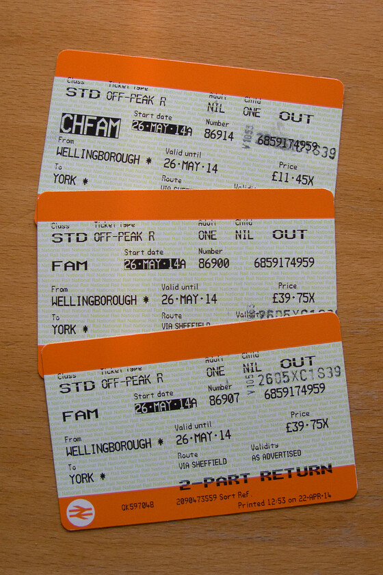 Tickets, Wellingborough-York 
 At 90 the return fare from Wellingborough to York was pretty good value at 45 each way for all three of us. Of all three journey options that we had (from Northampton, Peterborough or Wellingborough) the was the cheapest by a fair margin and the second quickest with the straightforward dash up the ECML being by far the fastest. However, that journey would have involved an hour's drive to Peterborough and then parking that somewhat defeats the objective of 'letting the train take the strain'! 
 Keywords: Tickets, Wellingborough York