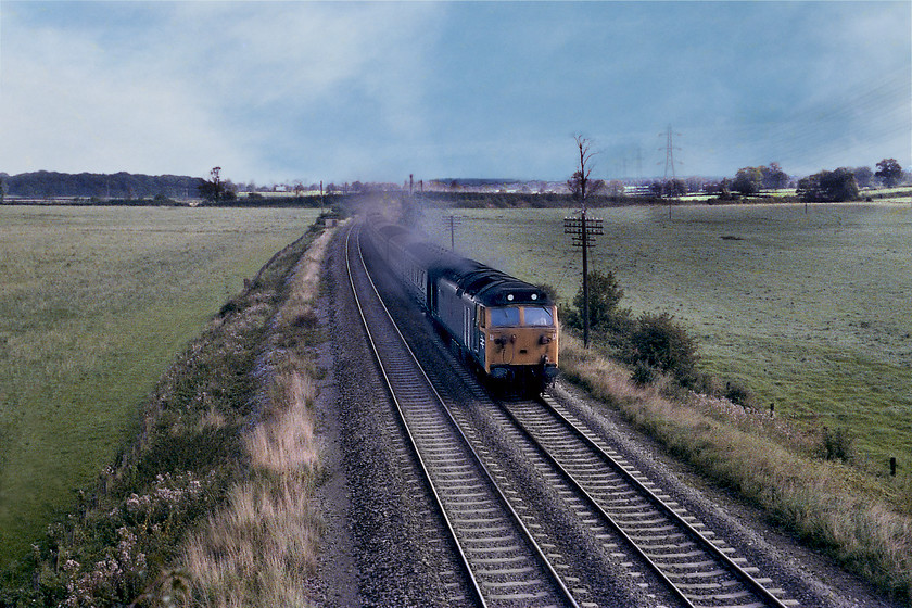 50014, unidentified down working, Berkley ST802494 
 A smoky 50104 Warspite leads a down express for the West Country past Berkeley Marsh to the east of Frome in Somerset. This scene is similar today apart from the inevitable vegetation growth and removal of the telegraph wires. Having said that, a couple of years ago, Network Rail did a lot of clearance on the embankments at this location and undertook some work to improve drainage by constructing some culverts. For a while this really opened up the view again but, inevitably, lineside growth is taking over again now. 
 Keywords: 50014 down working Berkley ST802494