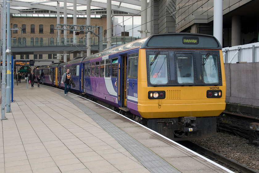 142014 & 142060, NT 16.23 Manchester Victoria-Stalybridge (2Y90, RT), Manchester Victoria station 
 The clock is ticking for these thirty-year-old units, now in their final two months of operation...or are they? 142014 and 142060 waits at Manchester Victoria's platform two ready to work the 2Y90 16.23 to Stalybridge. This is a shuttle service to the Yorkshire town that operates regularly throughout the day, a journey that only takes fifteen minutes. I saw and photographed a Pacer at the other end of this shuttle service at the start of the year, see.... https://www.ontheupfast.com/v/photos/21936chg/25667636004/x142056-12-00-stalybridge-manchester 
 Keywords: 142014 142060 16.23 Manchester Victoria-Stalybridge 2Y90 Manchester Victoria station