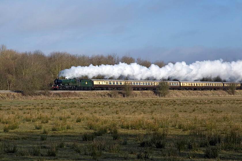 5043, outward leg of The Moonraker, 07.05 Solihull-Salisbury (1Z76), King's Sutton SP498354 
 Castle Class 4-6-0 5043 'Earl of Mount Edgcumbe' makes a fine sight as it passes through the Northamptonshire countryside just south of King's Sutton. It is leading the outward leg of The Moonraker charter that left Solihul at 07.05 heading for Salisbury. Travelling through my birth county of Wiltshire for a large part of its journey is the origin of the charter's name with Moonrakers being the name to those born in the county due to an ancient and old tale involving a pond, a full moon, a group of old fellas and plenty of ale; look it up! 
 Keywords: 5043 The Moonraker, 07.05 Solihull-Salisbury 1Z76 King's Sutton SP498354 Castle Class 4-6-0 5043 Earl of Mount Edgcumbe