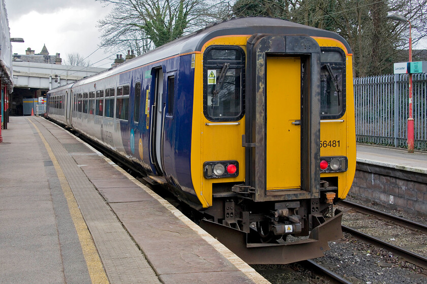 156481, NT 11.27 Lancaster-Morecambe (2C85, RT), Lancaster station 
 The 11.27 Lancaster to Morecambe 'shuttle' service waits to leave its starting point worked by 156481. Morecambe used to have two stations with direct services from afar, but today, it has to endure the ignominy of just a two-car DMU rattling between it and Lancaster. Andy was to travel on this unit a little later in the day to meet me at Morecambe's rather poor station located in what seemed like an Asda car park! 
 Keywords: 156481 11.27 Lancaster-Morecambe 2C85 Lancaster stationNorthern