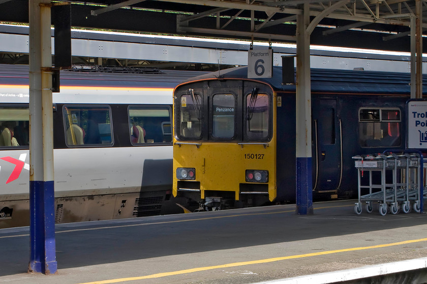 220022, XC 13.25 Plymouth-Edinburgh (1S53) & 150127, GW 13.49 Plymouth-Penzance (2C47), Plymouth station 
 At Plymouth station 220022 waits to head north with the 13.49 to Edinburgh, Next to it 150127 will soon leave for Cornwall and in doing so will follow our HST as the 2C47 13.49 all stations stopper to Penzance 
 Keywords: 220022 13.25 Plymouth-Edinburgh 1S53 150127 13.49 Plymouth-Penzance 2C47 Plymouth station