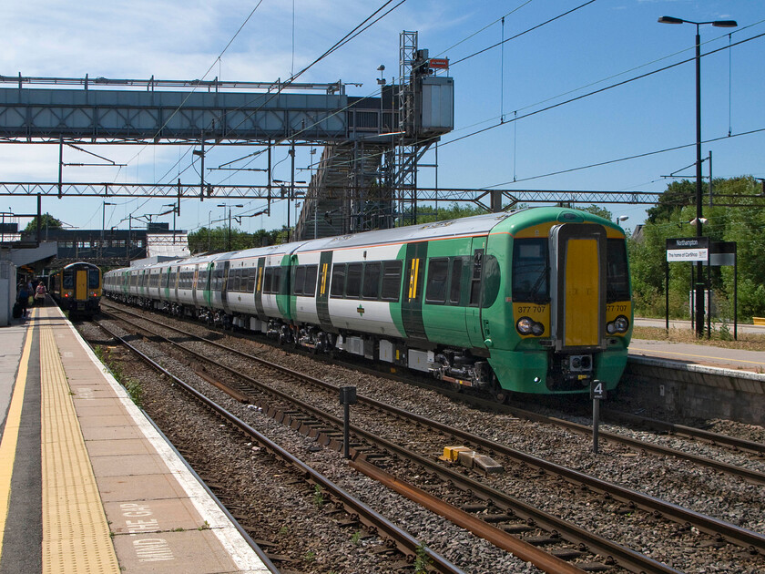 377707 & 377708, 10.33 Wembley-Rugby crew training, Northampton station 
 The second new train of the day at Northampton! Southern has ordered eight further Electrostars that are designated 377/7s. They are due to enter service later this year probably from the new timetable in December for use on the Milton Keynes to East Croydon route and certain other busy commuter lines working with the 377/6s that are already in service. 377707 with 377708 at the rear passes through the station as the 10.33 Wembley to Rugby crew training run. 
 Keywords: 377707 377708 10.33 Wembley-Rugby crew training Northampton station Southern Electrostar