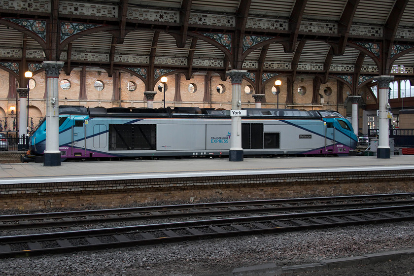 68020, stabled, York station 
 68020 'Relliance' is seen stabled at the west end of York station in platform two. soon, these locomotives will be a common sight working TransPennine Express services hauling Mk.V stock in push-pull formations ousting the highly successful class 185s. The future of these relatively new DMUs is not at all clear with no obvious place for them so I suspect that secure and warm storage beckons. 
 Keywords: 68020 York station