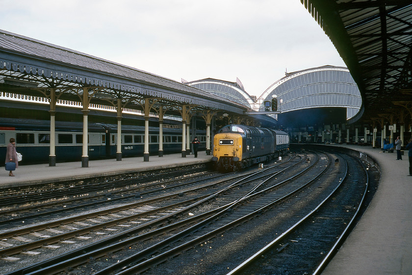 55008, 09.50 Edinburgh-Plymouth (1V93), York station 
 55008 'The Fife & Forfar Yeomanry' arrives at York station leading the 09.50 Edinburgh to Plymouth service. This was in the pre-HST days when the NE to SW services were handled by lengthy sets of locomotive hauled stock with engine changes taking place at York. There was nothing quite like the sound of a pair of Napiers filling the giant train shed at York. As a spotter there was always a sense of excitement and anticipation when the approaching drone was heard way before the train appeared around the tight curve! 
 Keywords: 55008 09.50 Edinburgh-Plymouth 1V93 York station The Fife & Forfar Yeomanry