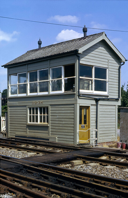 Craven Arms Crossing signal box (GW, 1947) 
 I am very glad that I took this photograph of Craven Arms signal box back in 1981 as today, whilst a box is still extant it is totally different to this 1947 Great Western design, see.... https://www.ontheupfast.com/p/21936chg/25752986204/craven-arms-crossing-signal-box Railtrack demolished it from within the new structure that encased it in 2000. This box was replaced due to rot making it beyond repair. The box is located at a level crossing to the north of the town and the station. 
 Keywords: Craven Arms Crossing signal box GW 1947