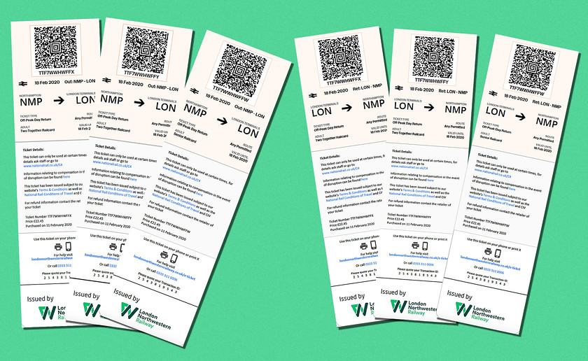 Tickets, Northampton-London Euston-Northampton 
 Rather than printing off card tickets, I organised e-tickets to be sent to my mobile 'phone. This is a copy of them but they are not the best value off-peak returns at 22.45 each and that includes a two-together and senior railcard discounts. If I had chosen particular trains it could have been a little cheaper but we needed a degree of flexibility for our return journey. For the rest of the day in London, I used my Oyster card with both Andy and Mike using contactless. I planned our route to take advantage of two of TfL's permitted walking routes that, if completed within ten minutes, are counted as part of one journey despite touching in and out during it. The first route was from Archway (Northern Line) to Upper Holloway (London Overground) and the second from West Hampstead (London Overground) to West Hampstead (Jubilee Line). 
 Keywords: Tickets Northampton-London Euston-Northampton Oyster contactless