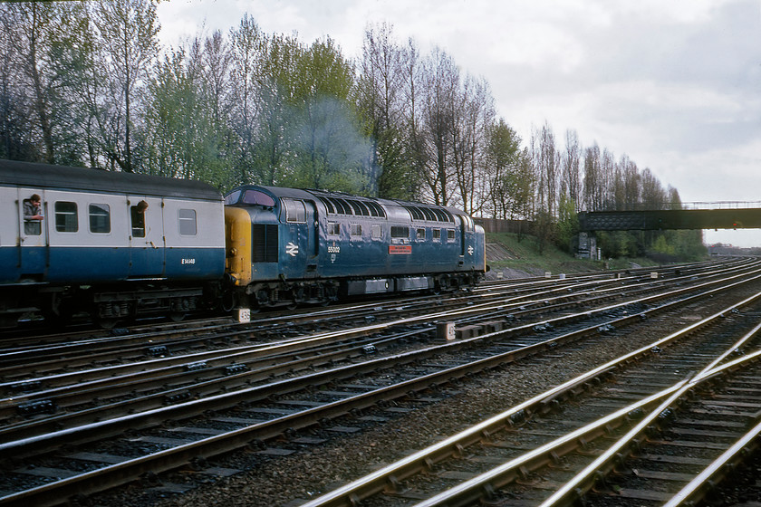 55002, 15.50 York-London King's Cross (1A26), Holgate Bridge 
 With two enthusiasts enjoying the Napier soundtrack 55002 'The King's Own Yorkshire Light Infantry' makes a sedate departure from York station leading the 1A26 15.50 York to King's Cross semi-fast service. Looking at the exhaust pattern it would appear that the Deltic is only running on one engine, something that they spent a lot of their time doing in their final years of operation. The photograph is taken under York's Holgate bridge where access so close to the line was tolerated back in a world when common sense prevailed.

There is an audio recording of this event on my youtube channel, see.... https://youtu.be/UqCqHD4nUps 
 Keywords: 55002 15.50 York-London King's Cross 1A26 Holgate Bridge The King's Own Yorkshire Light Infantry