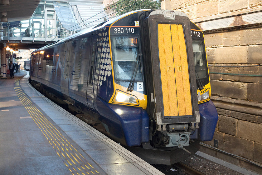 380110, SR 09.43 Edinburgh Wavereley-North Berwick (2Y08), Edinburgh Waverley station 
 380110 still has its headlights illuminated but these will soon be switched off and red tail lights will be displayed as 380110 will leave platform nine forming the 09.43 to North Berwick. North Berwick was once a bit of railway outpost and considered for closure both under Beeching and Serpell, but investment and improvements have led to quite a renaissance so its future seems assured. 
 Keywords: 380110 09.43 Edinburgh Wavereley-North Berwick 2Y08 Edinburgh Waverley station