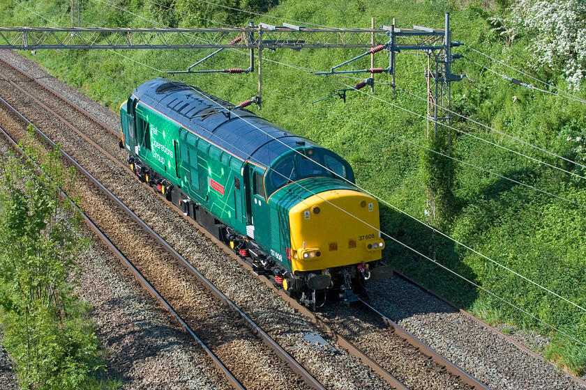 37608, 13.35 Oxley Carr-Wembley HS (0H72, 5L), Victoria bridge 
 Looking resplendent in its new but, in my eyes at least, garish livery 37608 'Andromeda' passes light engine past Victoria bridge just south of Roade as the 0H72 13.35 Oxley Carr to Wembley light engine move. The veteran Class 37, that will be sixty-three years old this summer, making it three years my senior tomorrow lives on again in yet another guise owned and operated by Rail Operations Group. 
 Keywords: 37608 13.35 Oxley Car-Wembley HS 0H72 Victoria bridge Andromeda