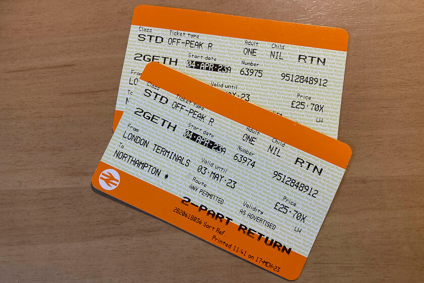 Tickets, London Euston-Northampton 
 Our return tickets from Euston to Northampton. Gone are the days of an advanced return fare for this journey of 25 in total now being 25 each! As I stated in my introduction to this day, it was another example of London Northwesterns lapse approach to ticket inspections. There was no gate line at Euston and the barriers were open on arrival at Northampton. In addition, the guard aboard the train stayed firmly away from the passengers throughout the journey only to be heard making occasional announcements including the usual and patronising see it, say it, sort it message. 
 Keywords: Tickets London Euston-Northampton