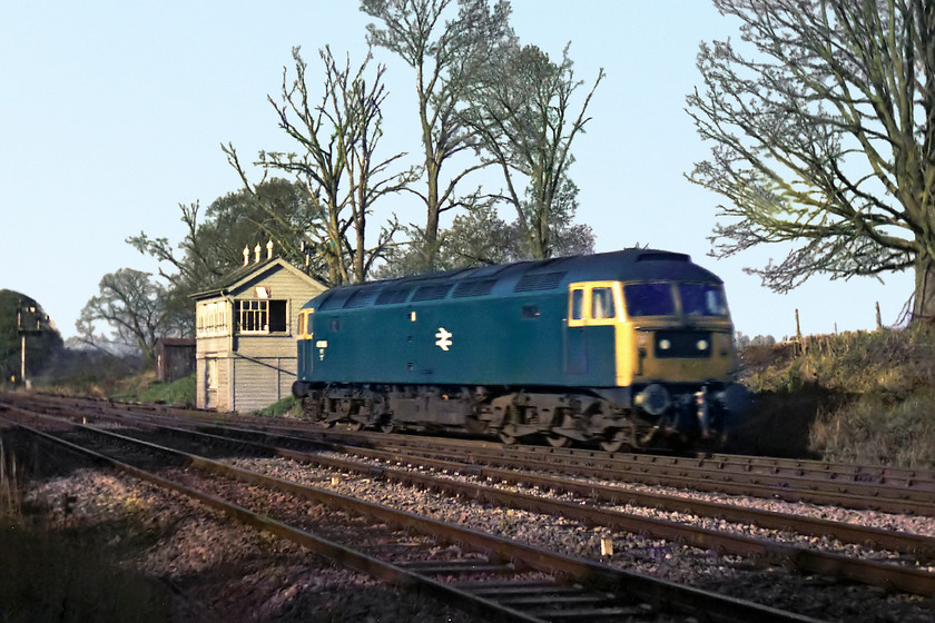 Class 47, unidentified up LE, Fairwood Junction 
 Taken with permission of the signalman in Fairwood Junction signal box, an unidentified class 47 runs light engine off the mainline in towards Westbury. Notice the Elm trees behind the line that have died as result of Dutch Elm disease that ravaged the species during the 1970s.