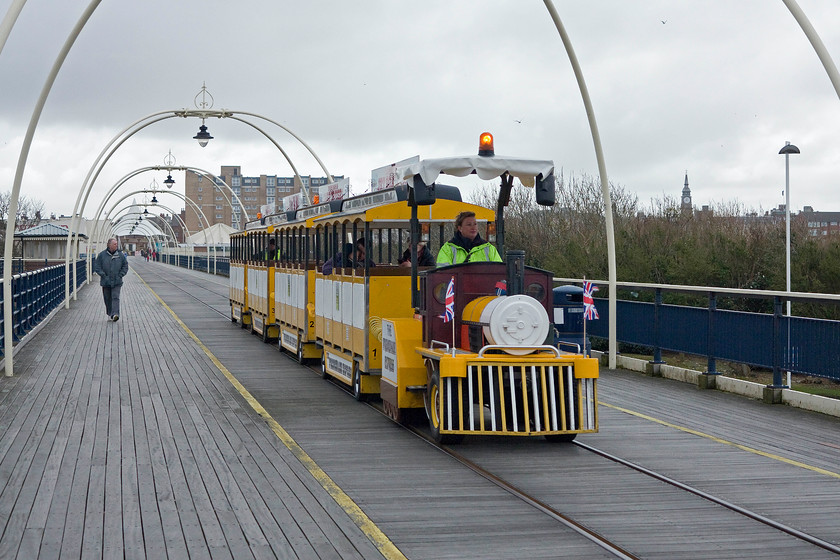 Pier train, Southport Pier 
 The pier train makes its way along Southport Pier. This train replaced the battery powered trams that were introduced in 2005 following extensive refurbishment of the pier between 2000 and 2002. Unfortunately, the trams were withdrawn and sold due to cost cutting measures by the local authority in 2015. 
 Keywords: Pier train Southport Pier