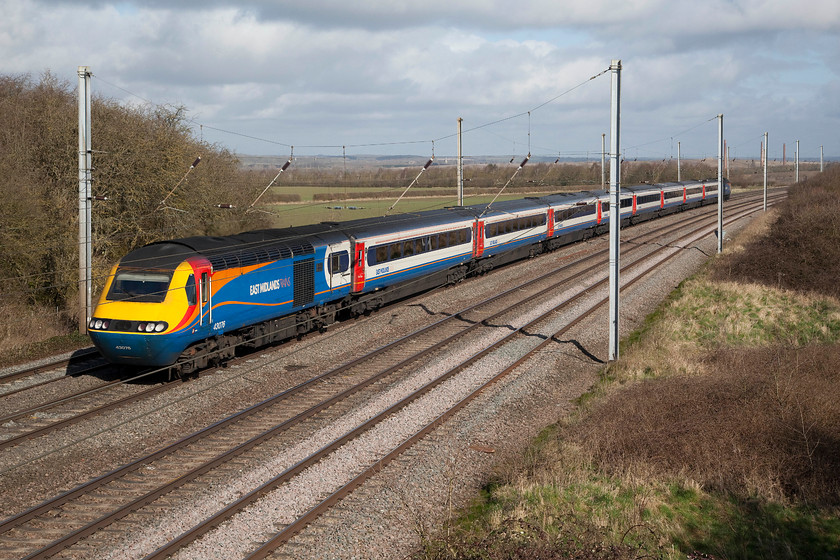 43076 & 43066, EM 06.34 Leeds-London St. Pancras (1B23, 11L), Millbrook TL020397 
 The 06.34 Leeds to London St. Pancras passes Millbrook in superb early spring sunshine. This livery has to be one of the most successful of the privatisation era that really makes these iconic trains stand out from the scenery as well as keeping these 50 year old veterans of the network looking fresh. The two power cars here, 43076 and 43066 were both Eastern Region units that were part of sets 254011 and 254006 respectively. 
 Keywords: 43076 & 43066 1B23 Millbrook TL020397