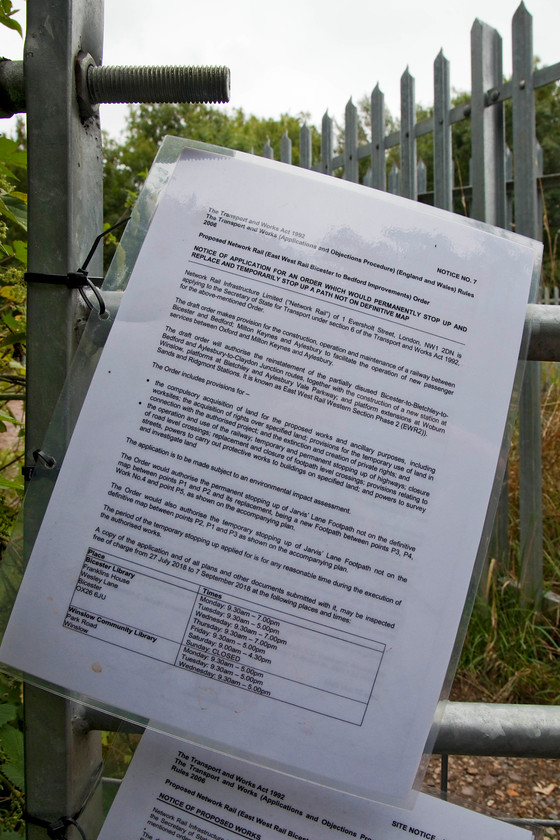 Footpath closure & works notice, Jarvis Lane Crossing SP598228 
 A notice of footpath crossing closure notice attached to fencing at Jarvis Lane foot crossing just to the west of Bicester. This may be a little premature as the funding for the massive work to transform the mothballed east-west line is still not secured and, much as I hope that it will happen, I have my doubts? 
 Keywords: Footpath closure works notice Jarvis Lane Crossing SP598228