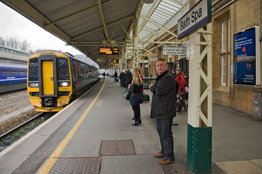 158960, GW 10.23 Portsmouth Harbour-Cardiff Central, Bath Spa station 
 The 10.23 Portsmouth Harbour to Cardiff Central FGW service comes to a halt at Bath Spa station worked by 158960. Bath Spa station seems to be perpetually busy at all times of day with a train arriving and departing every few minutes (or so it seems). 
 Keywords: 158960 10.23 Portsmouth Harbour-Cardiff Central Bath Spa station FGW First Great Western