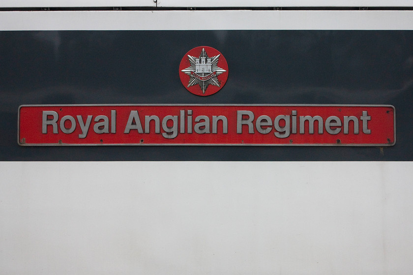 Nameplate, 90012, 14.00 London-Liverpool Street-Norwich (1P34, 3L), Norwich station 
 The nameplate of 90012 'Royal Anglian Regiment' is seen on the side of the loco. at Norwich station about to head to London working the 14.00 to Liverpool Street. The locomotive was named in a short ceremony at Liverpool Street station in November 2007. 
 Keywords: Nameplate 90012 14.00 London-Liverpool Street-Norwich 1P34 Norwich station