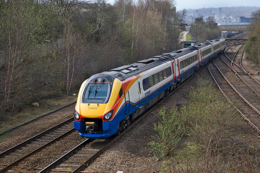 222015, EM 13.08 Sheffield-Sheffield ECS (5C52), Woodburn Junction 
 An East Midlands Trains empty coaching stock working passes Woodburn Junction as the 13.08 Sheffield to Sheffield 5C52. It will soon stop, reverse, and cross from the down to the up and return to the station that is just a mile and a half away in the distance. The roof of Woodburn Junction signal box, a 1992 porta-cabin, can be seen above the third coach of the Meridian. 
 Keywords: 222015 13.08 Sheffield-Sheffield ECS 5C52 Woodburn Junction