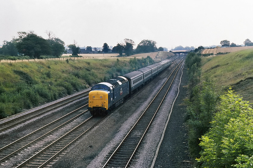 55005, 12.20 London King`s Cross-York (1L42), Careby TF019171 
 55005 'The Prince of Wales' Own Regiment of Yorkshire' heads northwards with the 12.20 King's Cross to York. The photograph is taken from a bridge that crosses the line between Little Bytham and Careby. I have visited this spot in recent years and an image like this is all but impossible due to rampant tree growth and, off course, the arrival of the electrification wiring. 55005 survived another eighteen months in service ending its days at Doncaster works. 
 Keywords: 55005 12.20 London King`s Cross-York 1L42 Careby TF019171