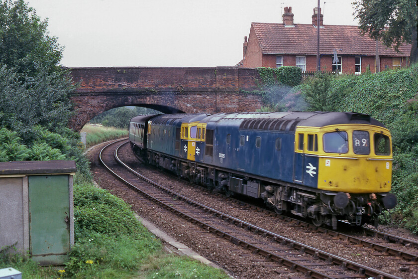 33005 & 33017, 12.10 Portsmouth Harbour-Cardiff Central (1V26), Salisbury Tunnel Junction 
 Taken from the 'rear' windows of Salisbury Tunnel Junction signal box the 12.10 Portsmouth Harbour to Bristol Temple Meads 1V26 service is seen. It was unusual to see these services double-headed with just the Brighton trains being rostered for a pair of Crmptons. I thought that I may have might incorrectly identified this train back in 1981 but confirmation from the brilliant RailGenArchive confirms the working. 33005 and 33017 lead the train off the 'branch' from Dean as it was referred to locally. 
 Keywords: 33005 33017 12.10 Portsmouth Harbour-Cardiff Central 1V26 Salisbury Tunnel Junction Crompton