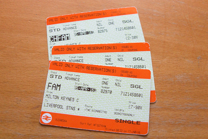 Tickets, Milton Keynes Central-Liverpool Lime Street 
 Nobody could argue with the fare for this journey from Milton Keynes to Lime Street for the three of us. Less than 20 is fantastic value but, they were advanced, railcard discounted tickets. But, it shows what can be done if you are knowledgeable enough to be able to book tickets like this.