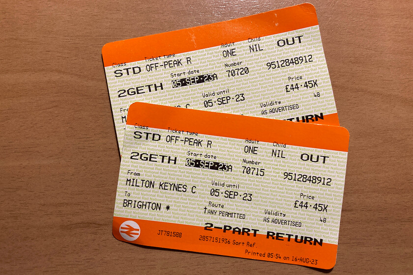 Tickets, Milton Keynes Central-Brighton 
 The return fare from Milton Keynes to Brighton was a reasonable 45. However, this was an advanced off-peak fare that split ticketing could shave nothing from. With plenty of trains available to travel on the journey was easy and stress-free despite a short walk along Euston Road between Euston and St. Pancras. 
 Keywords: Tickets, Milton Keynes Central-Brighton