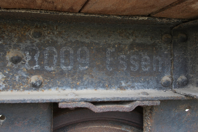 Details, former German Railway`s wagon, Auschwitz II-Birkenau 
 Details stamped on the frame of the former German Railways' wagon on display inside the Auschwitz II-Birkenau death camp. As can be seen, as well as some sort of identification number, it bears the name Essen, the second-largest city in the Ruhr. 
 Keywords: Details, former German Railway`s wagon Auschwitz II-Birkenau death camp