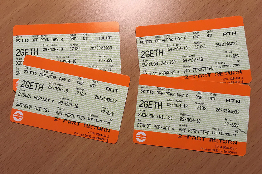 Tickets, Didcot Parkway-Swindon-Didcot Parkway 
 Our tickets from Didcot to Swindon and back.