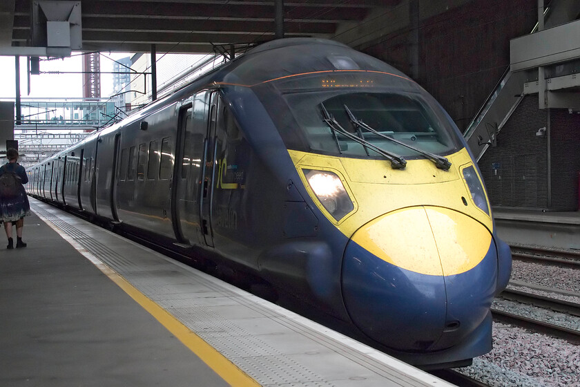 Class 395, 10.55 Margate-London St. Pancras (1J29, 4L), Stratford International station 
 Our train back to St. Pancras arrives at Stratford International. My wife and I travelled on this unidentified Class 395 Javelin for about ten minutes as it whisked us primarily through tunnels to St. Pancras working the 10.55 from Margate. I have to say that Stratford International station was a pretty soulless, semi-subterranean, dark and austere place constructed, it seemed, out of large chunks of white concrete. However, it was built as part of the development of the wider Stratford area in preparations for London 2012 so I suppose that it will have served its initial purpose back then. 
 Keywords: Class 395 10.55 Margate-London St. Pancras 1J29 Stratford International station SouthEastern Javelin