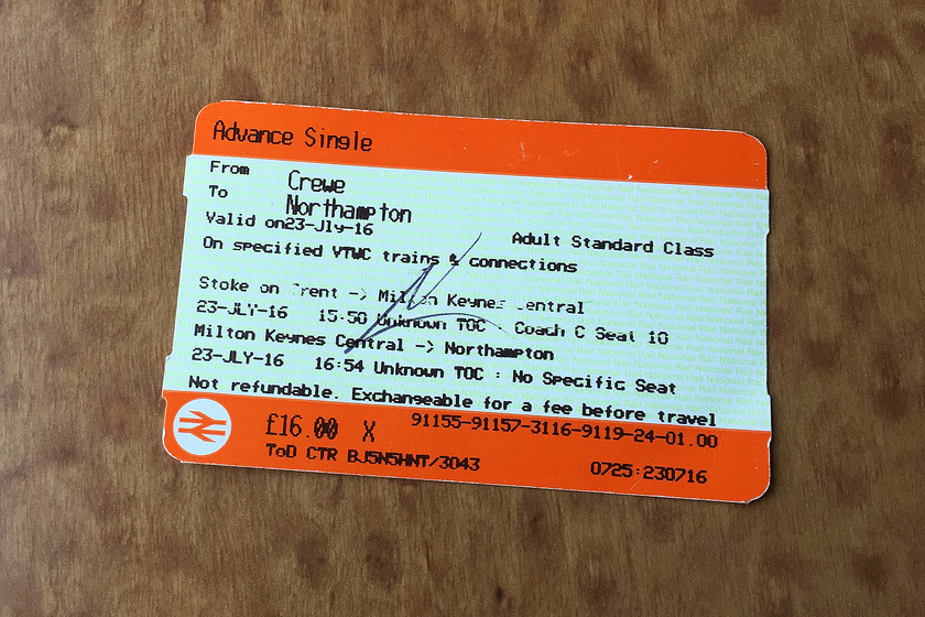 Ticket, Crewe-Northampton (NB outward ticket taken by gate machine!) 
 My return ticket from Crewe to Northampton via Milton keynes. The outward journey's ticket was swallowed by an over zealous ticket machine at Crewe station's gate line that was extraordinarily busy! 
 Keywords: Ticket Crewe-Northampton