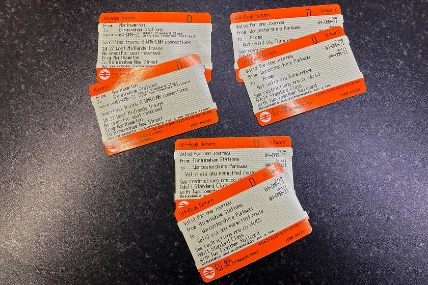 Tickets, Northampton-Frome 
 The tickets for our journey from Northampton to Frome are split three ways and I have calculated the relative costs per mile of each leg. The results are interesting, see...

Northampton to Birmingham stations - advanced single - 7pence/mile
Birmingham stations to Worcestershire Parkway - off-peak return - 43pence/mile
Worcestershire Parkway to Frome - off-peak return - 6pence/mile

Please note that the above costs include our two together discounts loaded at about thirty-three per cent. 
 Keywords: Tickets Northampton-Frome